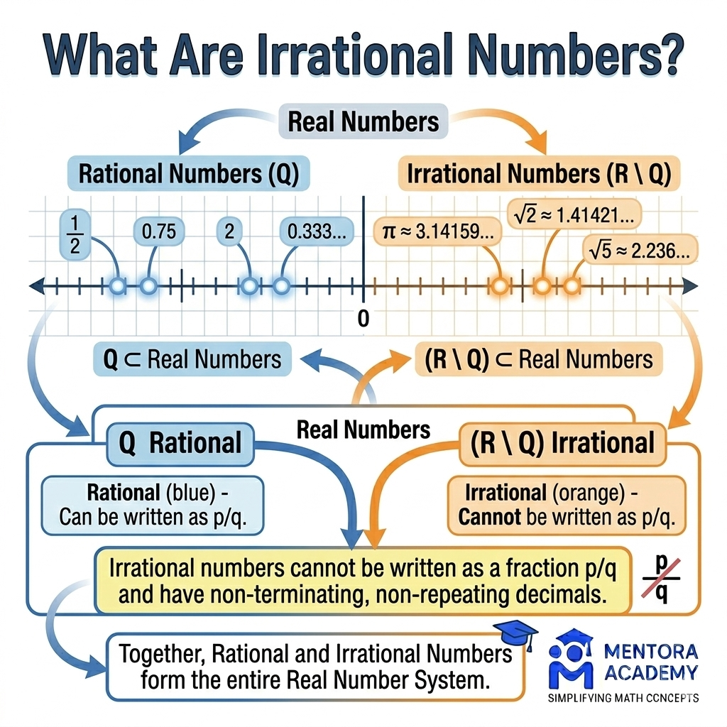Irrational numbers overview diagram showing pi e square root 2 golden ratio and other famous irrational numbers with decimal expansions - comprehensive visual guide for secondary students learning number theory