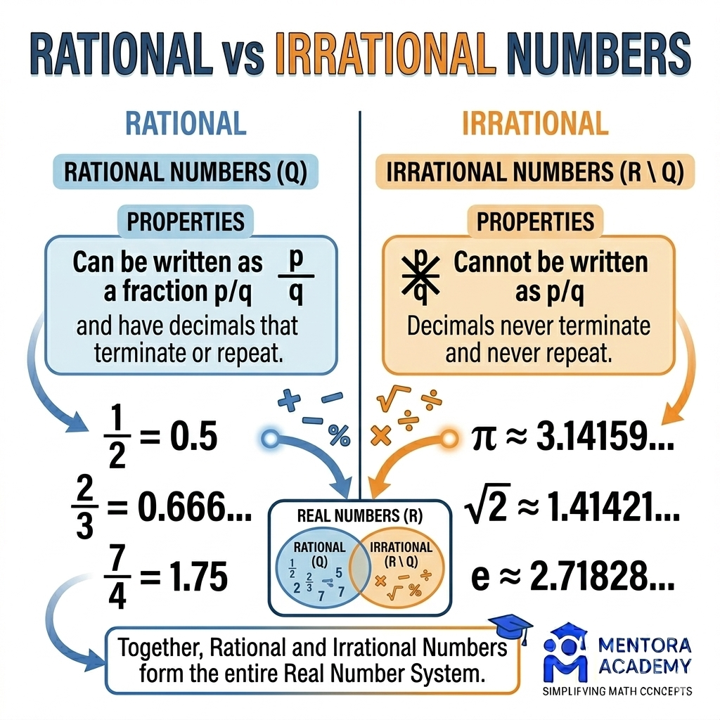 Rational versus irrational numbers comparison showing decimal patterns fraction representations and number line placement - visual distinction between terminating repeating and non-repeating decimals for math students