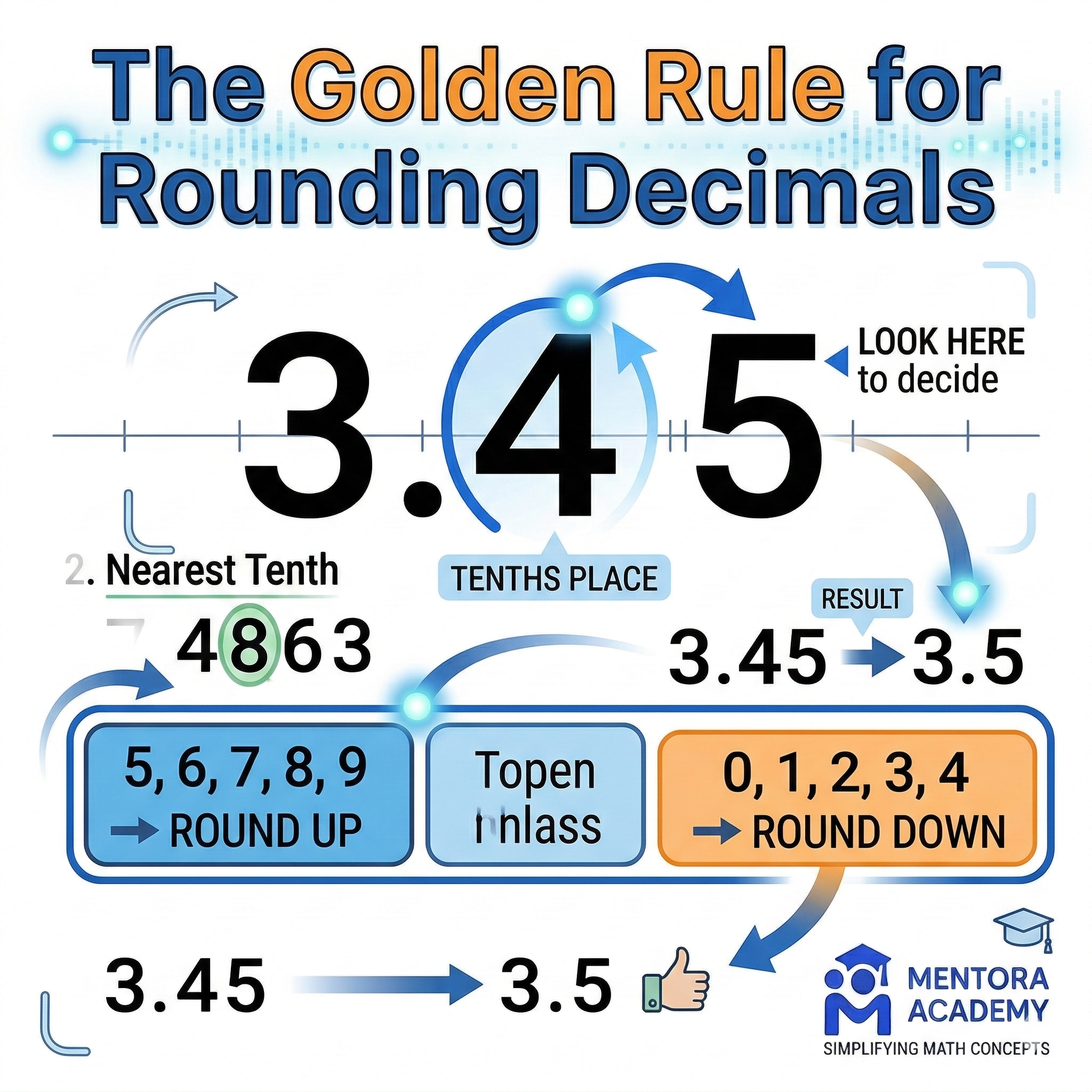 Rounding decimals quick reference guide showing all key rules - when to round up or down, decimal place values, and common examples - complete visual summary for students