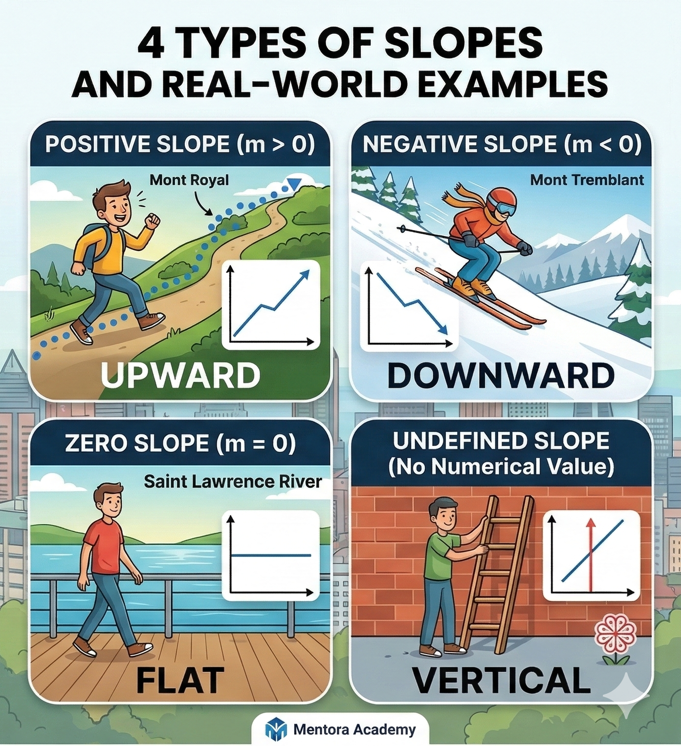 Four types of slopes in math: positive slope going upward, negative slope going downward, zero slope horizontal line, and undefined slope vertical line with examples, math tutoring montreal, tutoring services