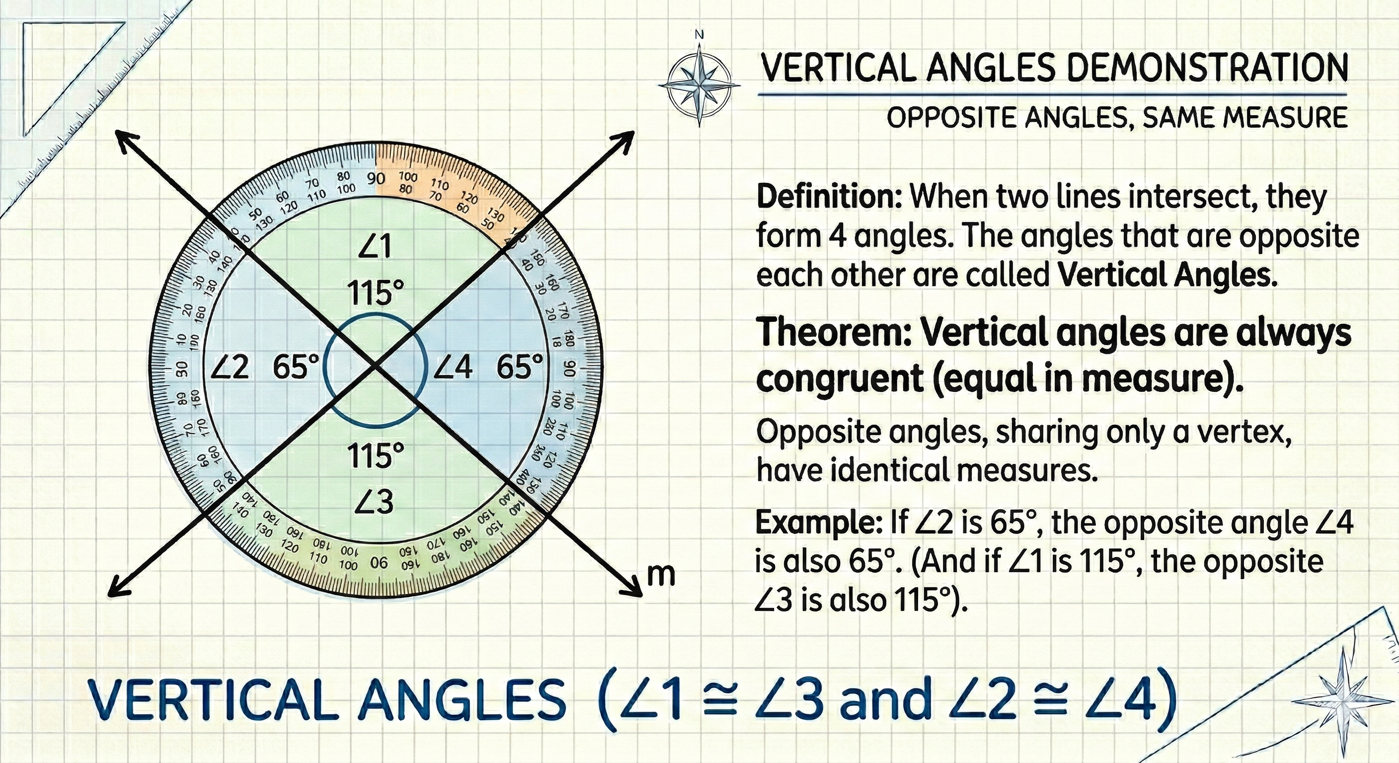 Congruent vertical angles diagram showing two intersecting lines with equal opposite angles marked - geometry example for students